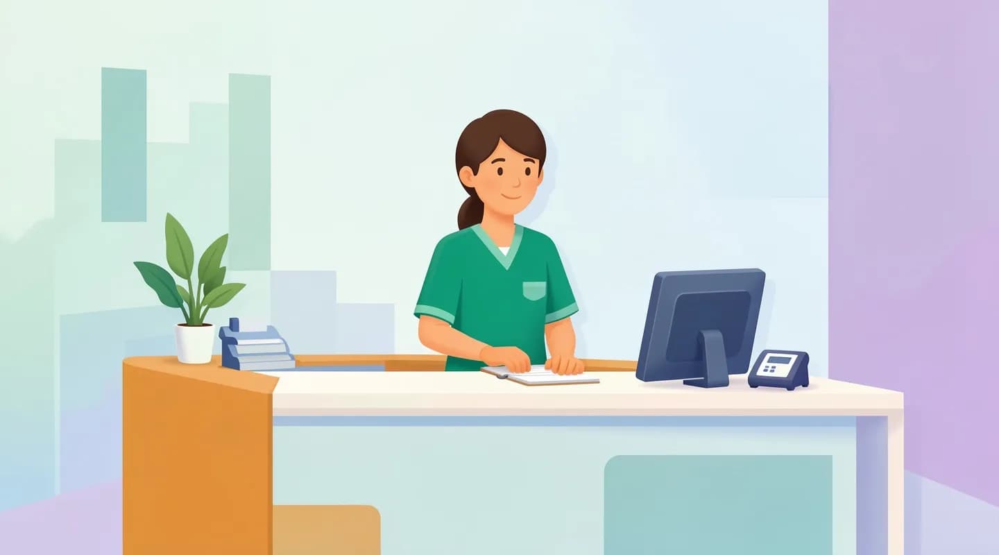 Segretaria di studio medico che gestisce appuntamenti e telefono a una reception ordinata