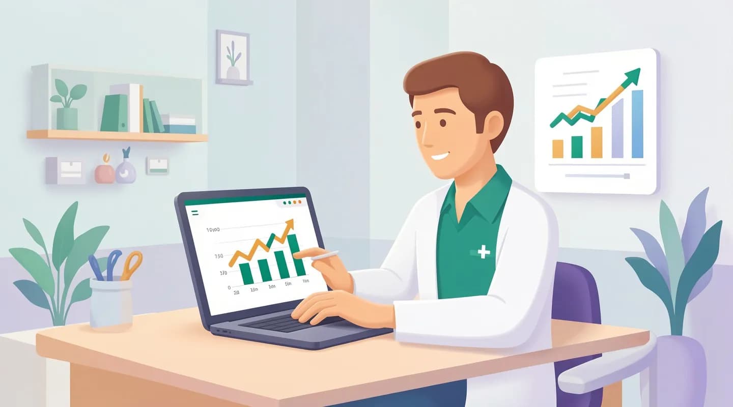 Medico che controlla indicatori e report di gestione dello studio medico su un laptop