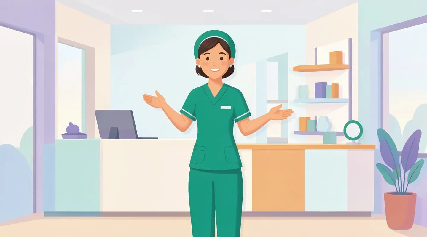 Infermiera nella reception del suo nuovo ambulatorio infermieristico appena aperto