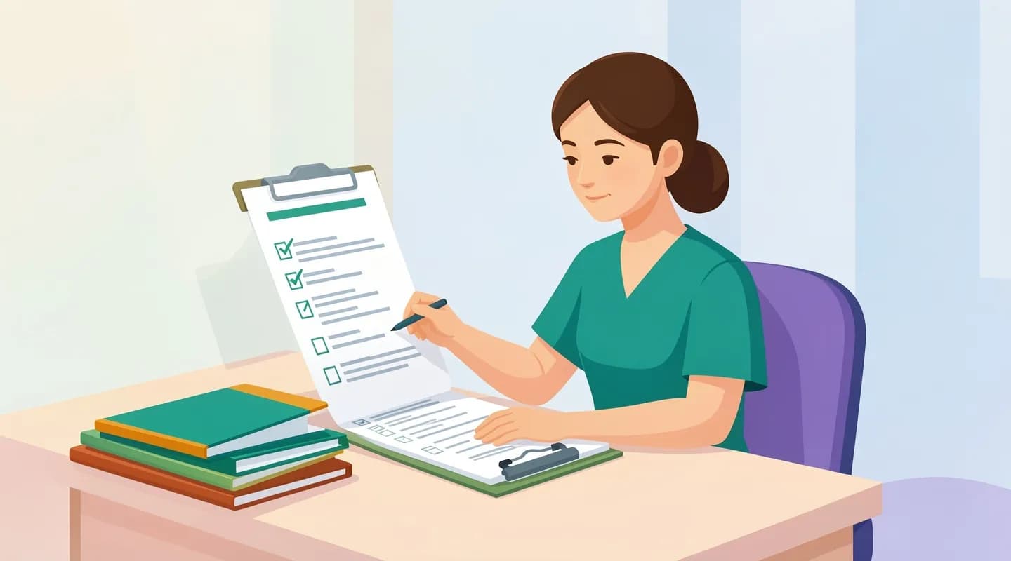 Infermiera che rivede la checklist dei requisiti per aprire un ambulatorio infermieristico
